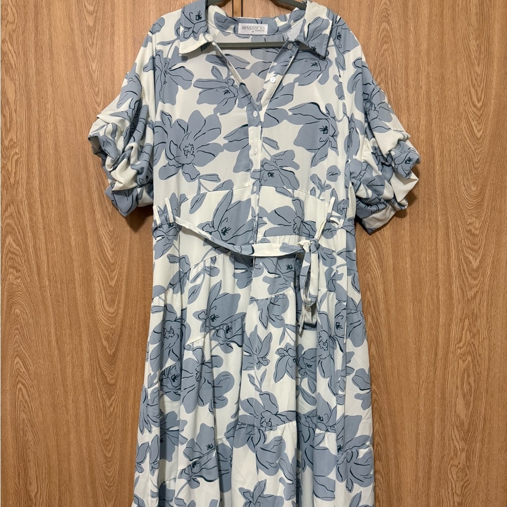 Impressions Blue and Off White Floral Puff Sleeve Dress